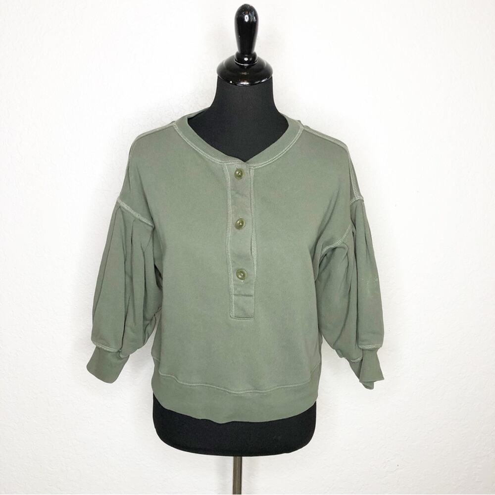 Something Navy army olive green pleated balloon sleeve button front top size XXS